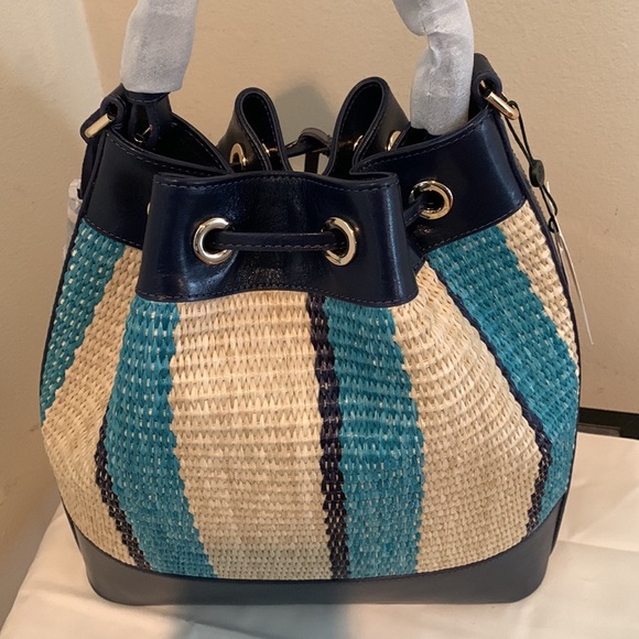 Anguilla Collection Marlowe Striped Drawstring Straw Bucket Shoulder - Picture 4 of 16